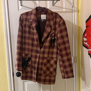 Anthropologie Plaid Embroidered Blazer - Brown & Burgundy